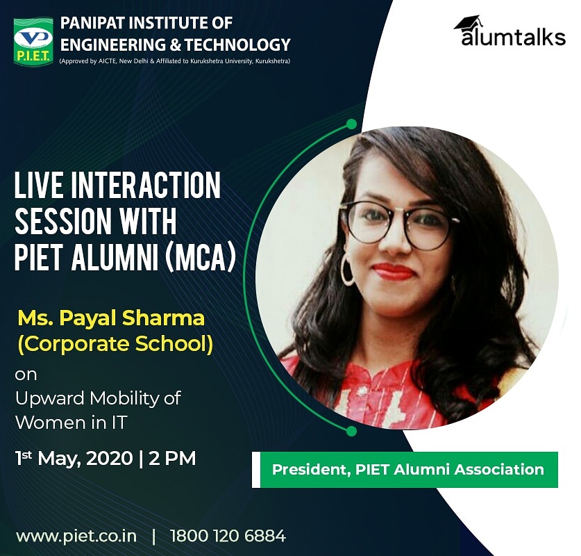 PIETPanipat's tweet image. Happiness is to learn from your alumni. PIET is organizing the  alumni interaction program with Ms. Payal Sharma.
The purpose of this session is about Upward Mobility of Women in IT.
#PIETAlumni #PIET #InteractionSession #UpwardMobility #women  #MCA