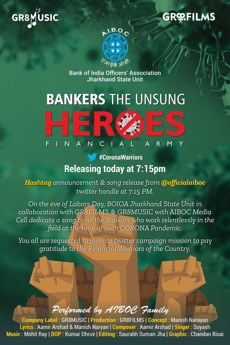 bankersmedia's tweet photo. ⚡🔔⚡ Twitter Release Alert⚡🔔⚡
30th April 2020 Thursday, 7:30 PM

Hashtag announcement &amp; song release from @officialaiboc twitter handle at 7:15 PM.

On the eve of Labors Day
@aiboc_in
@SunilKu70499533 @SoumyaDatta7 @SunilLa97234541 @manish3065365 @sanjaybpi @DilipChaauhan https://t.co/3zF1f6bIDK