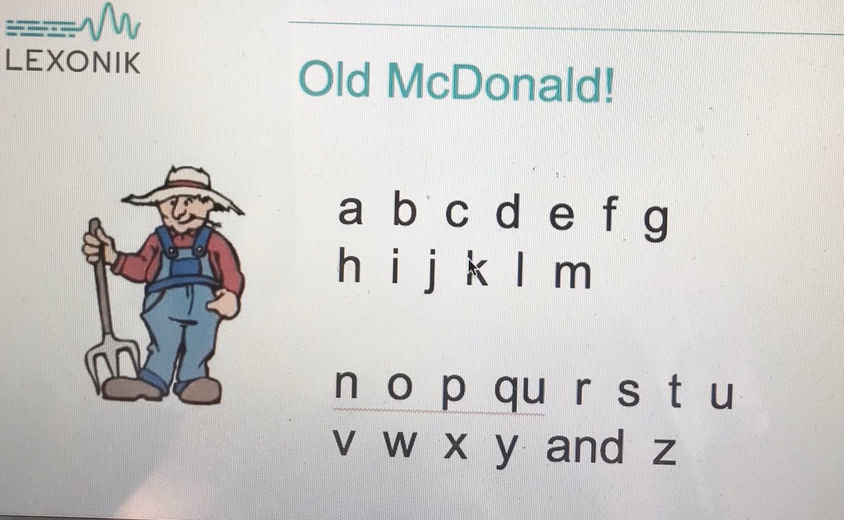 KatyMParkinson's tweet photo. Just got a lovely message from a Grandma saying how much her 2 yr old grandson is enjoying hearing the a,b,c letters sounds set to Old MacDonald tune in the library section @LexonikST website. It’s never too young to teach pure letter sounds #phonics #phonologicalawareness https://t.co/eF0wFsS2C9