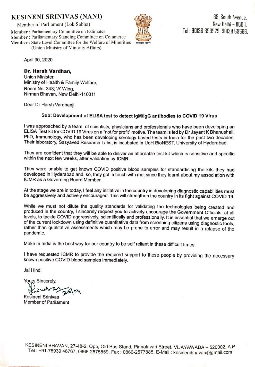 Hon.<a href="/drharshvardhan/">Dr Harsh Vardhan</a> ji Dr Jayant K Bhanushali and team  consisting of scientists, physicians and professionals are developing an ELISA  Test kit for COVID 19 Virus on a “not for profit” motive. Humbly request you to provide them an opportunity to serve the Nation.<a href="/ICMRDELHI/">ICMR</a>