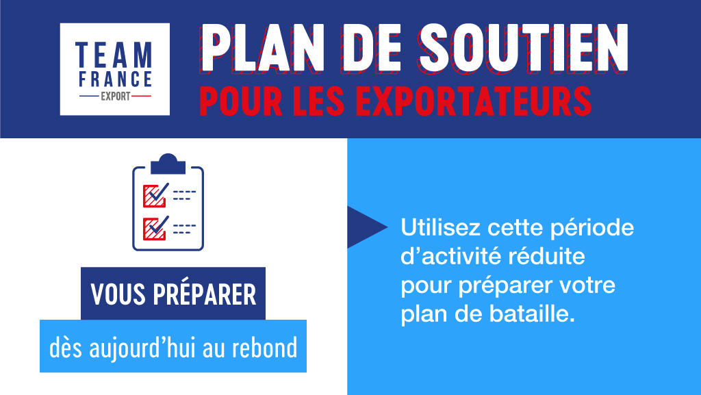#COVID19 : Votre activité #Export est fortement impactée ? La #TeamFranceExport et ses partenaires se mobilisent avec un plan de soutien opérationnel adapté. Ce dispositif 100 % dématérialisé répond au besoin de vous préparer à la reprise
