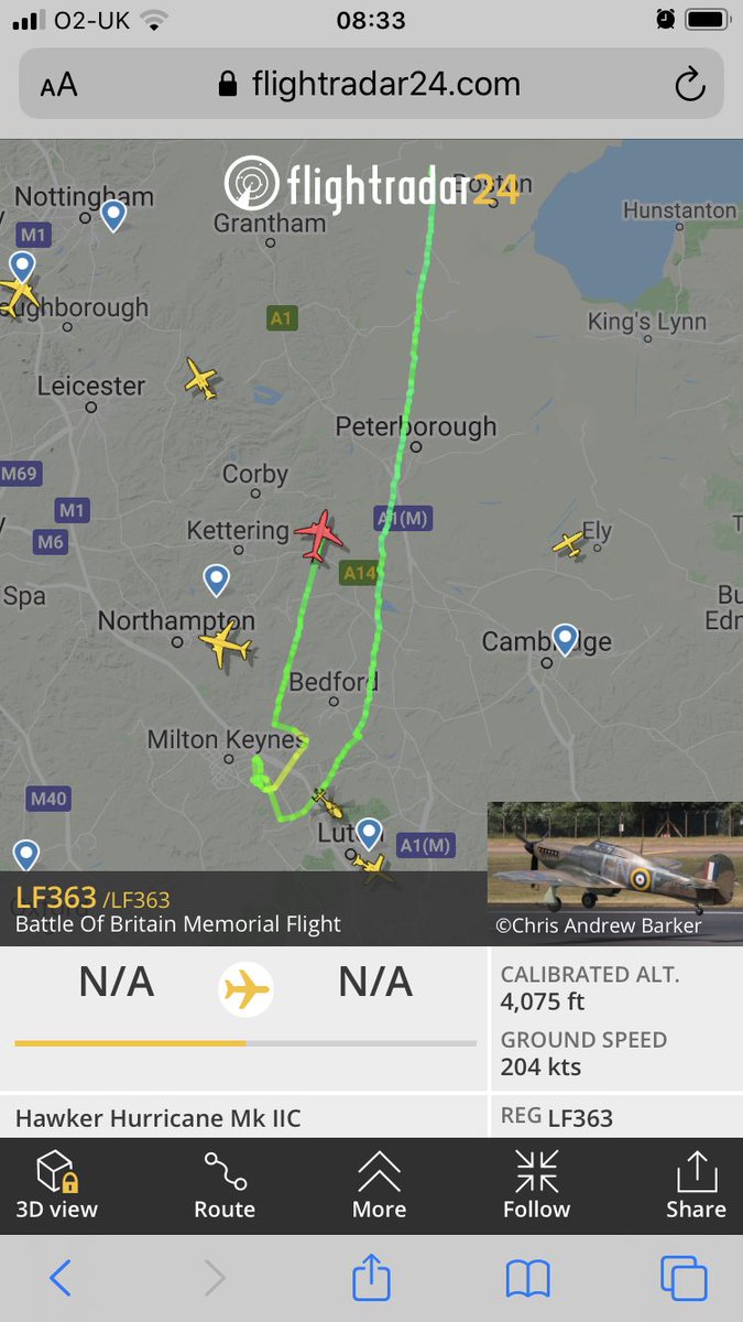 JeremyTowcester's tweet photo. @BBCNorthampton @TomPJourno Flightradar24 track of #BattleOfBritain #memorialflight from Lincolnshire to #CaptainTomMoore passing over Thrapston. https://t.co/OVOsEJqfuG