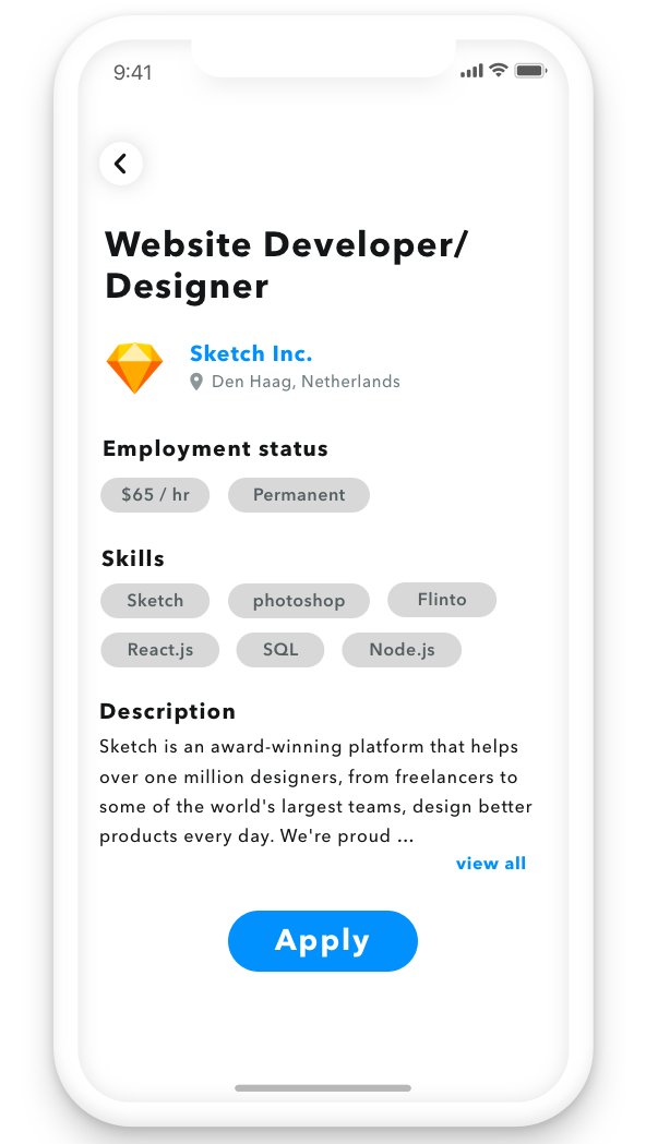 cookie_m0gum0gu's tweet photo. DailyUI 050
Topic: job listening
- 採用募集画面
- iosでindeedのように一覧から選択後の画面
- リンクを青で統一
- 採用ポジション、企業情報、雇用形態、スキル、詳細のチャンクにまとめた
- また属性的な情報はタグっぽくひと目で分かるようにした
#DailyUI
#DailyUI050 https://t.co/qijSpMFf13