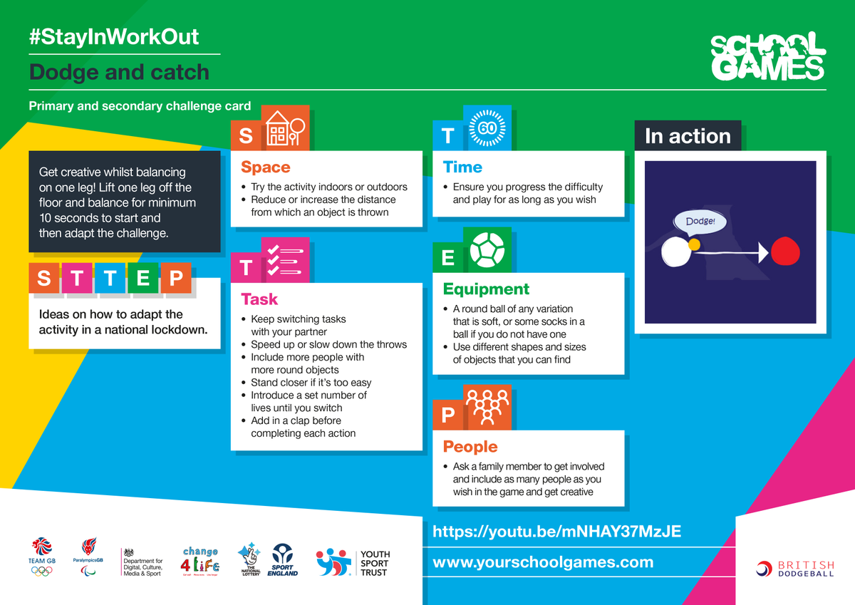 YourSchoolGames's tweet photo. Our friends at @BritDodgeball have kindly provided today's activity, dodge and catch🤾 ! Have a go and let us know how you get on. Find this and all other activities on our website ➡️ https://t.co/TdXGuiSglX #StayInWorkOut https://t.co/ByzL0q9WYR