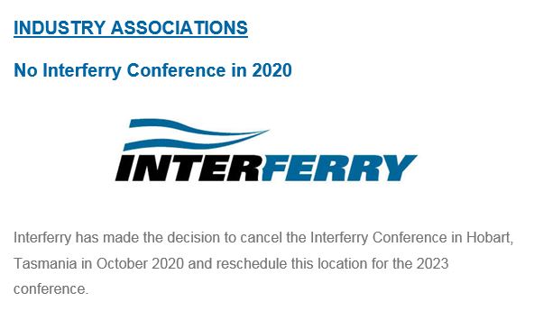 marinetics's tweet photo. Interferry 2020 (Hobart) cancelled.
Hobart proposed as venue for 2023. https://t.co/NXIdWFaHr3