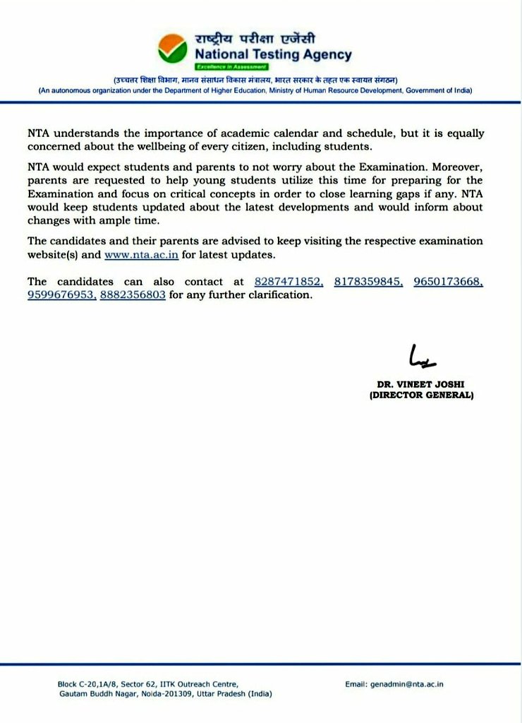 DrRPNishank's tweet photo. Keeping in mind the current #COVID19 crisis, I have asked @DG_NTA to further extend/revise the dates of submission of Online Application Forms for various examinations:
- NCHM JEE2020 
- IGNOU Admission Test-2020 for Ph.D. &amp; OPENMAT(MBA) 
- ICAR-2020 
- JNUEE-2020 
- AIAPGET-2020 https://t.co/HjQZ2jhcKR