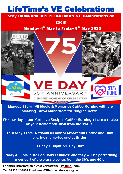 LifeTimeGateway's tweet photo. We have so many ways for you all to celebrate VE Day with you we are having to celebrate it all next week. Join us for singing, baking, sharing memories and even Quizzing!! For more information email mail@lifetimegateway.org.uk
👇👇 Details 👇👇 #VEDay #KeepingConnected https://t.co/k05tzxs3py