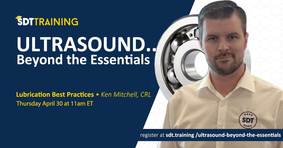 SDTUltrasound's tweet image. FREE Webinar - What does it mean to grease bearings right?
sdt.training/ultrasound-bey… 
Delivering the right #lubricant at the right location, with the right quantity at the right interval and with the right indicators will have you #greasing your #bearings right every time. 
#grease