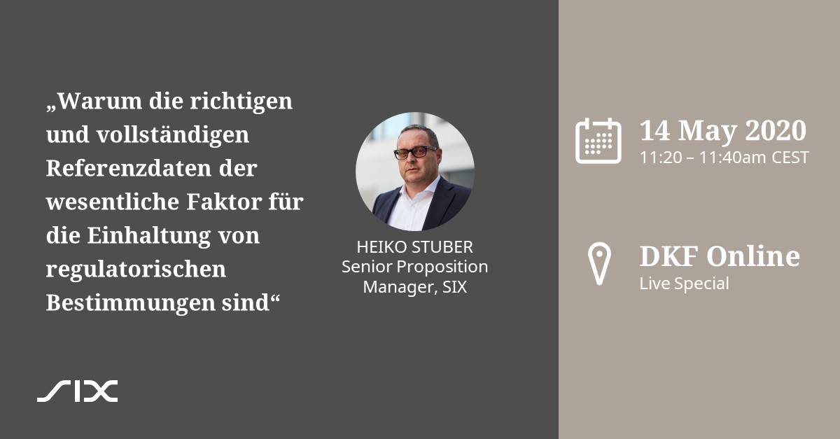 sixgroup's tweet image. Are you attending the DKF Online Live Special? Heiko Stuber will be talking about how complete #referencedata is essential  for #regulatorycompliance.
Register here: six.swiss/2Wd8ua4