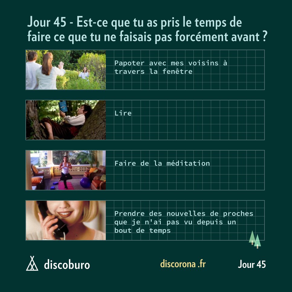 Avez-vous pris le temps ces dernières semaines, de faire quelques chose que vous ne faisiez pas avant ? 📚

Si oui, on est curieux de le savoir. 👀

Répondez-nous en commentaire ou bien directement sur discorona.fr