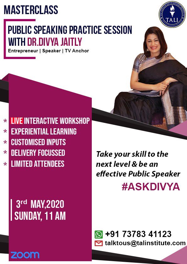 divyajaitly1's tweet image. #masterclassalert This session will focus on how we can improve our speech flow &amp;amp; delivery by applying the knowledge of Tone, Diction, Intonation &amp;amp; Punctuation. Fees: $10 or INR 750 only Registration link: bit.ly/3bQ00wi Post registration you will receive Meeting ID