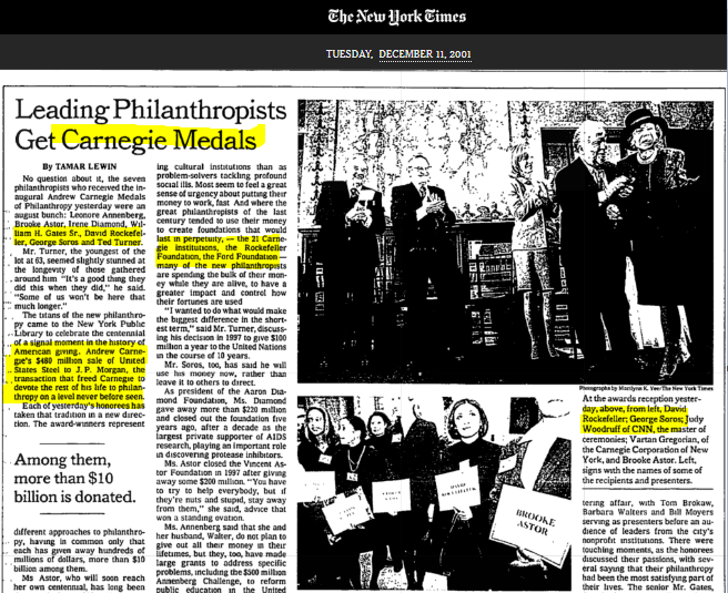 We've covered how these robber barons have used"Charitable Foundations"To fund/advance their agendaRockefellers, Gates, Turner, Soros all huge"Philanthropists"Honored by the Carnegie Foundation, the same that funded the ERO that introduced forced sterilization in the US