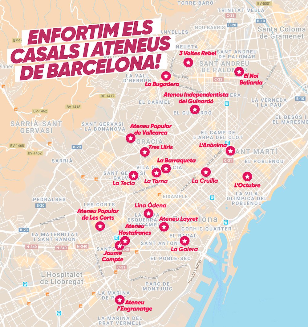 ⭐️<a href="/CasalsiAteneus/">Casals i Ateneus</a> a BCN!

📍CV @CasalLaGalera
📍Eix. <a href="/lacruilla/">La Cruïlla</a> <a href="/cp_linaodena/">Casal Popular Lina Òdena</a> 
📍9B <a href="/CP3VoltesRebel/">CP 3 Voltes Rebel</a>
📍Sants <a href="/jaumecompte/">Casal Indepe de Sants</a> @engranatge
📍SM <a href="/Anonima_Clot/">L'Anònima</a> <a href="/Octubre_P9/">L'Octubre</a>
📍HG <a href="/AteneuG/">Ateneu Guinardó La Bullanga</a>
📍SSG <a href="/CasalTecla/">La Tecla</a> 
📍STAP <a href="/ElNoiBaliarda/">El Noi Baliarda</a>
📍Gràcia <a href="/APVallcarca/">Ateneu de Vallcarca</a> <a href="/CPTresLliris/">CPTresLliris</a> <a href="/La_Torna/">Ateneu La Torna</a> <a href="/La_Barraqueta/">La Barraqueta</a>