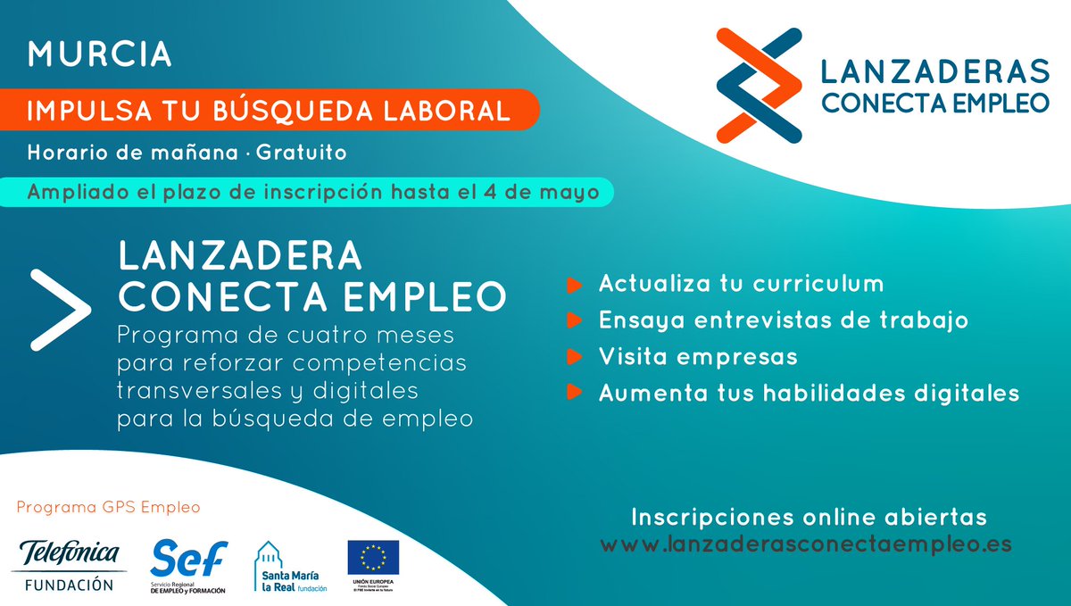 AreaEmpleoFSMLR's tweet photo. 🔔¡ÚLTIMOS DÍAS PARA APUNTARTE! Si estás en #desempleo y resides en la región de #Murcia 📍 apúntate a #LanzaderaConectaEmpleo y mejora tu búsqueda de #trabajo ✅ https://t.co/78pfYMUHfu

📥 ¡Inscríbete antes del 4⃣ de mayo (lunes)!
https://t.co/AJK8C0fLqF https://t.co/eTZWyTTCmu