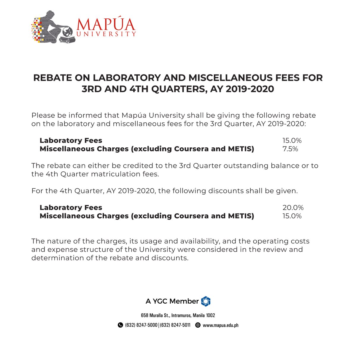 MapuaUniv's tweet photo. Mapúans, please be informed of the rebate/discount of laboratory and miscellaneous fees for the 3rd and 4th Quarters. https://t.co/4c1MJMDOSS