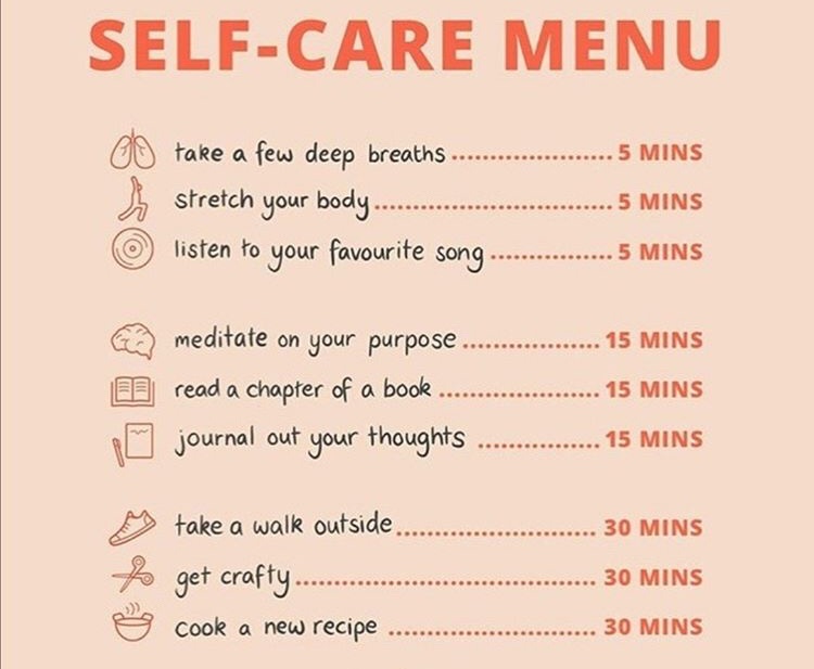 A little ‘Self Care Menu’ .. take the time to acknowledge your needs and do something for yourself daily! It will make all the difference to your over-all wellbeing and productivity ☀️