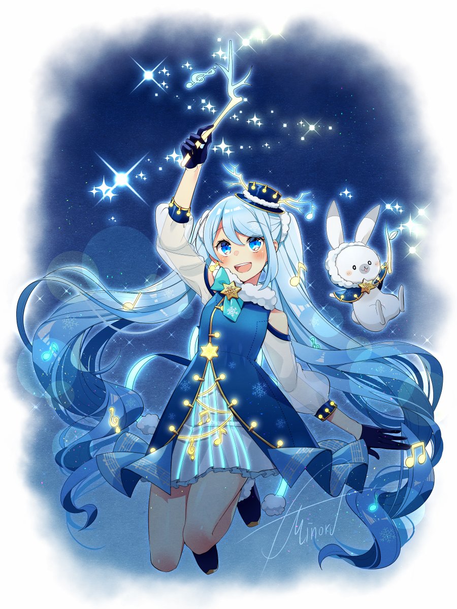 hatsune miku ,rabbit yukine ,yuki miku 1girl long hair gloves blue eyes very long hair blue hair dress  illustration images