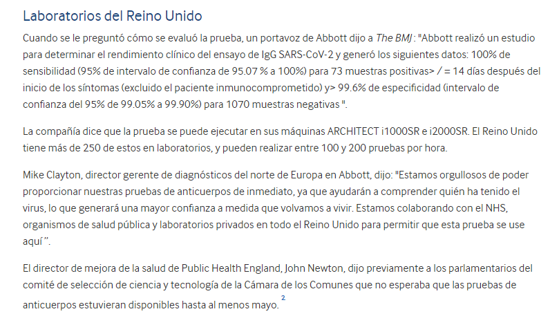 Una de cal y una de arena:los resultados del test de anticuerpos de Abbot muestran una precisión del 99%, esto nos permitirá discriminar mucho mejor a los inmunes. 
100% de sensibilidad a los 14 días tras los síntomas, y en una máquina se pueden hacer 200 por hora.ESTO ES CLAVE