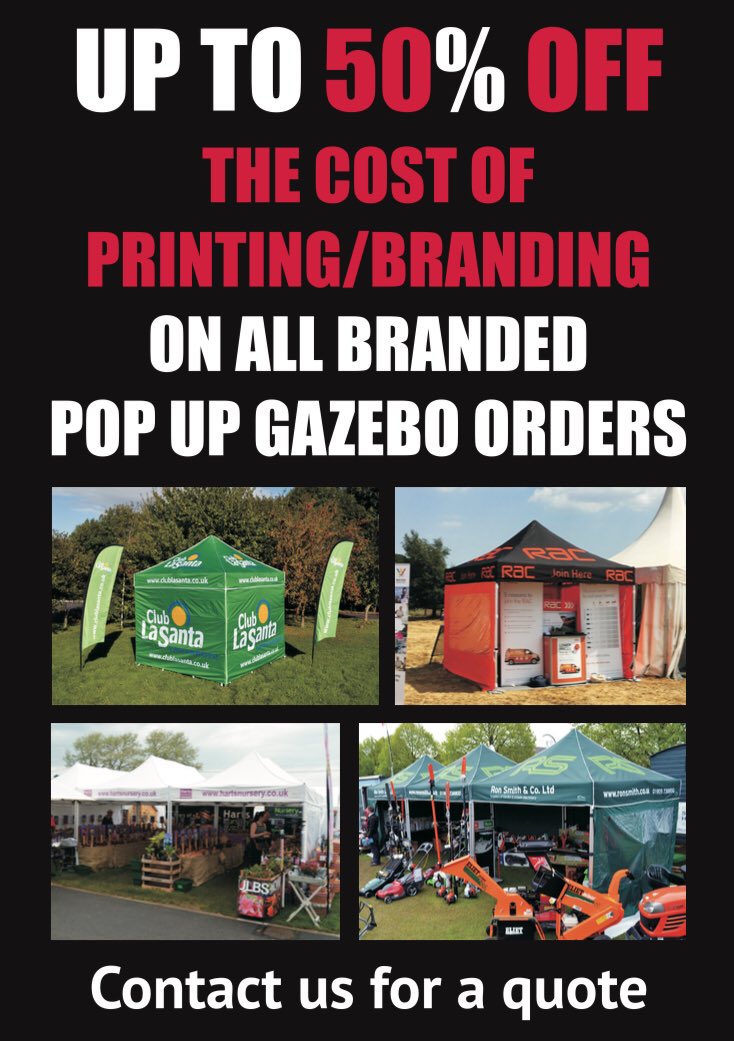 UP TO 50% OFF PRINTING AND BRANDING COSTS ON ALL PRINTED POP UP GAZEBOS 
#printedshelter #sunleisure #digitalprinting #printedgazebo #bespokeprinting #sunleisureinstantshelters #printedpopups #brandedgazebo
#popupgazebo #protexshelters #instantgazebo