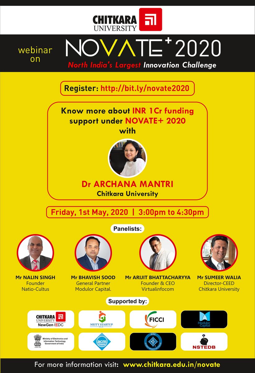 GF_Workshop's tweet photo. Chitkara University supported by NSTEDB, NewGenIEDC &amp; Meity Startup Hub &amp; encourages the nation to pool in ideas and solutions to problems created by the COVID 19 pandemic.

Great opportunity for startups, Participating &amp; winning Reward up to 1 Cr.
Visit: https://t.co/wC55NADL34 https://t.co/hsvAl3uUbU
