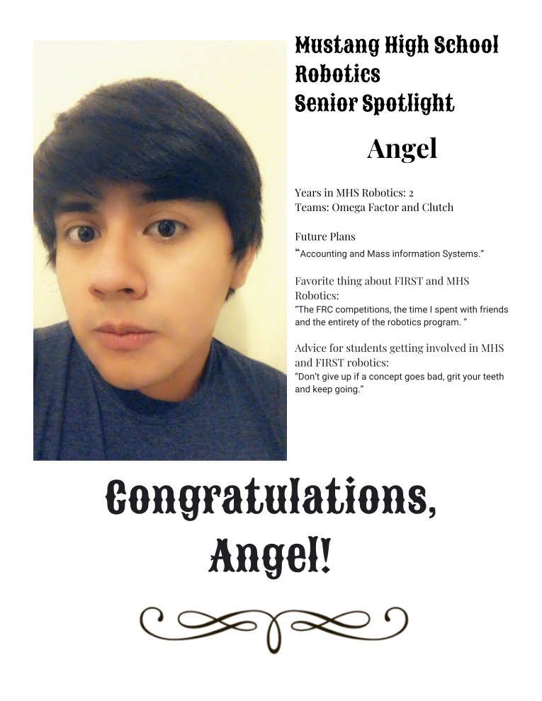 Team3465's tweet photo. Senior Spotlight: Angel
FRC and FTC team member: 2 years in FIRST robotics
@MustangSchools @MHS_Robotics18 @OklahomaFIRST @FIRSTweets
#MPSSTEM #broncopride #congratulations #goingpro https://t.co/C5PEHcG60d