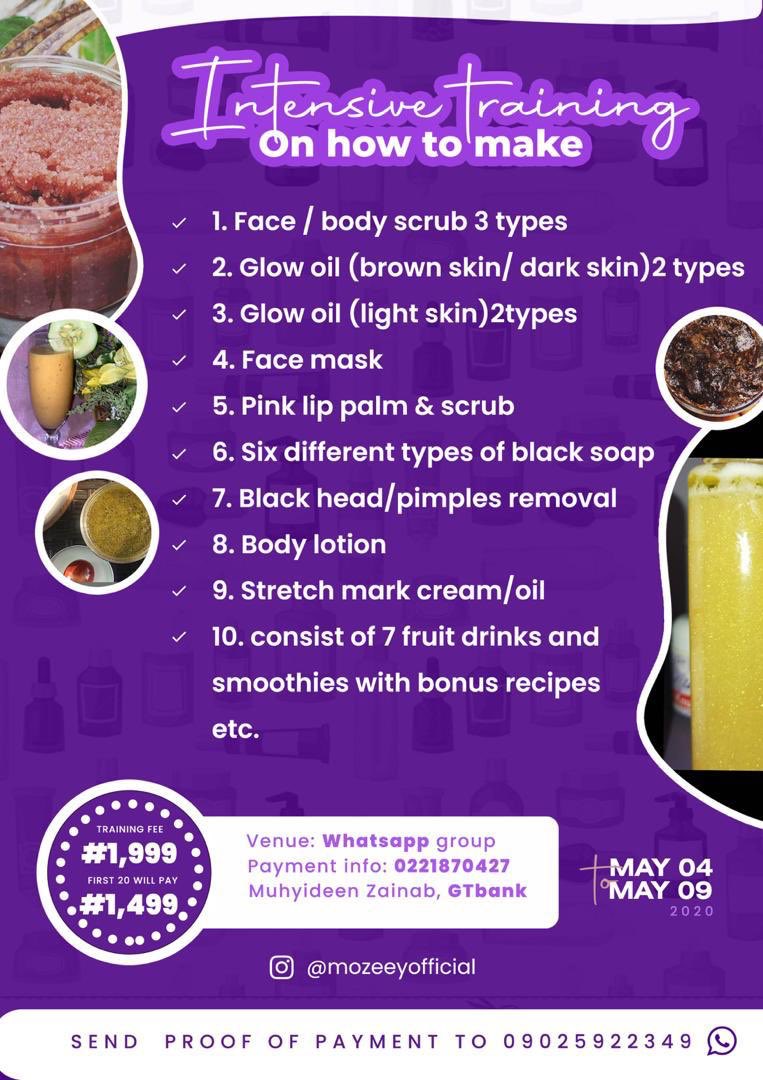 mozeeyofficial's tweet photo. Need an intensive training on skincare?

No need to worry this is an opportunity for you to learn more and also learn how to manage your business and also make cool cash from it. Brace up for this and learn more at the comfort of your home with just N1999 and you can also be https://t.co/aZVaqBQ9Rb