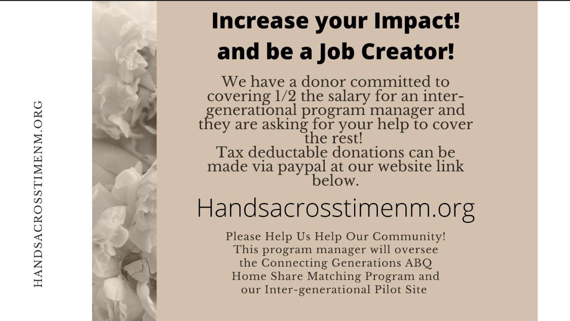 HandsAcrossTime's tweet image. #socent #agingout #aginginplace #intergenerationalcommunity #intentionalcommunity #HATNMInc #connectinggenerationsabq HandsAcrossTimeNM.org