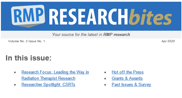 RadMedPM's tweet photo. Check out the latest issue of RMP Research Bites, featuring radiation therapist-led #research, spotlight on 3 of our CSRTs, and much more! https://t.co/any7d5kIoo (Read past issues here: https://t.co/tUfz7oHJTr) #RMPatPM #RMPResearchBites https://t.co/U1grVJBjlg