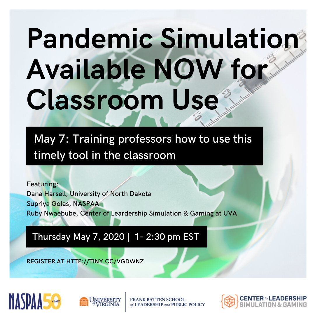 NBSimulation's tweet photo. The Pandemic Crisis Management Simulation is available for classroom use at no cost to @naspaa member institutions!
 Join us May 7 at 1:00 pm EST. Register at https://t.co/BmEyQhWABX

#COVID19 #pandemic #publicpolicy #simulation   @clsgbatten https://t.co/1iJdxkreZc