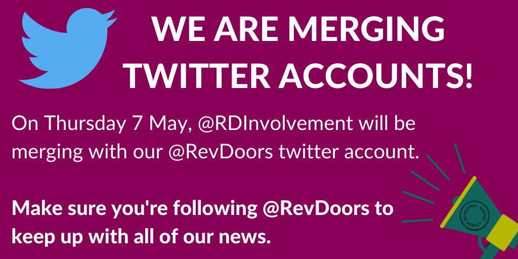 RevDoors's tweet photo. 📢🔊👀 Next Thursday 7 May, our @RDInvolvement account will be merging with our @RevDoors account! 📢🔊👀 Make sure you're following @RevDoors to keep up with all our involvement news, forums and to hear from our lived experience members! https://t.co/Y84YNBt8CY
