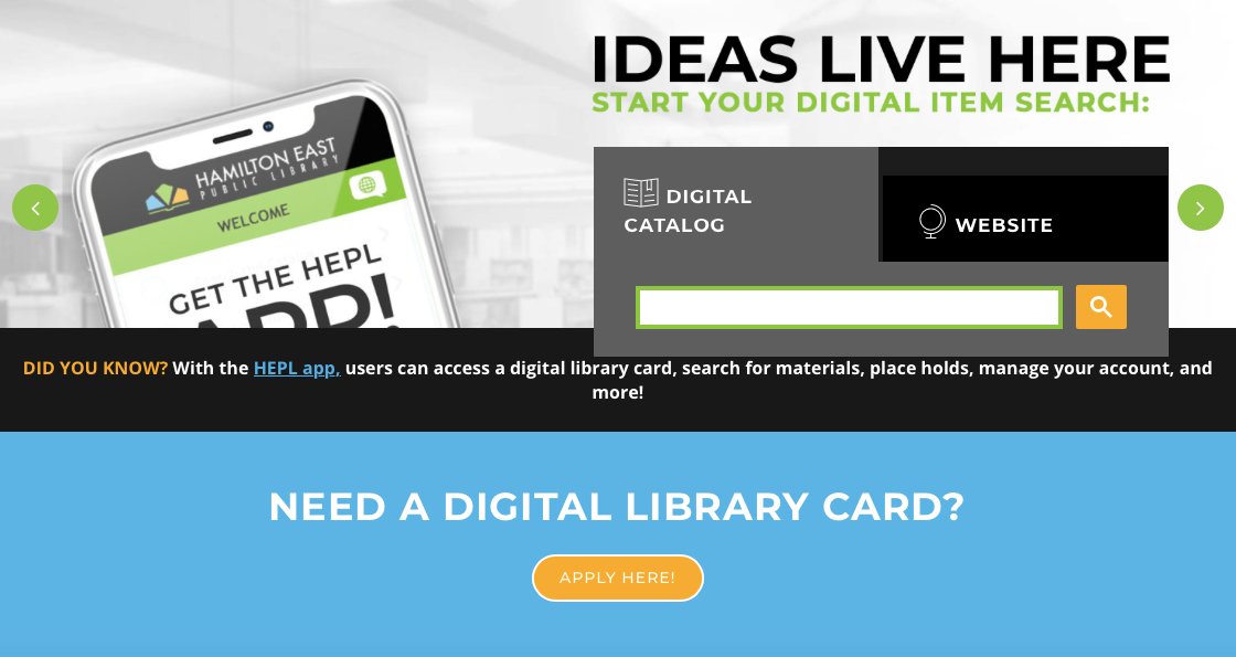 Saxony_Indiana's tweet image. @HamiltonEastPL’s digital collection is a great resource for learning and fun. If you don’t have a library card, don’t worry. Residents of Delaware, Fall Creek, Noblesville, and Wayne Township can register for a card online. buff.ly/2IMxLSe #HEPL #DigitalLibraryCard