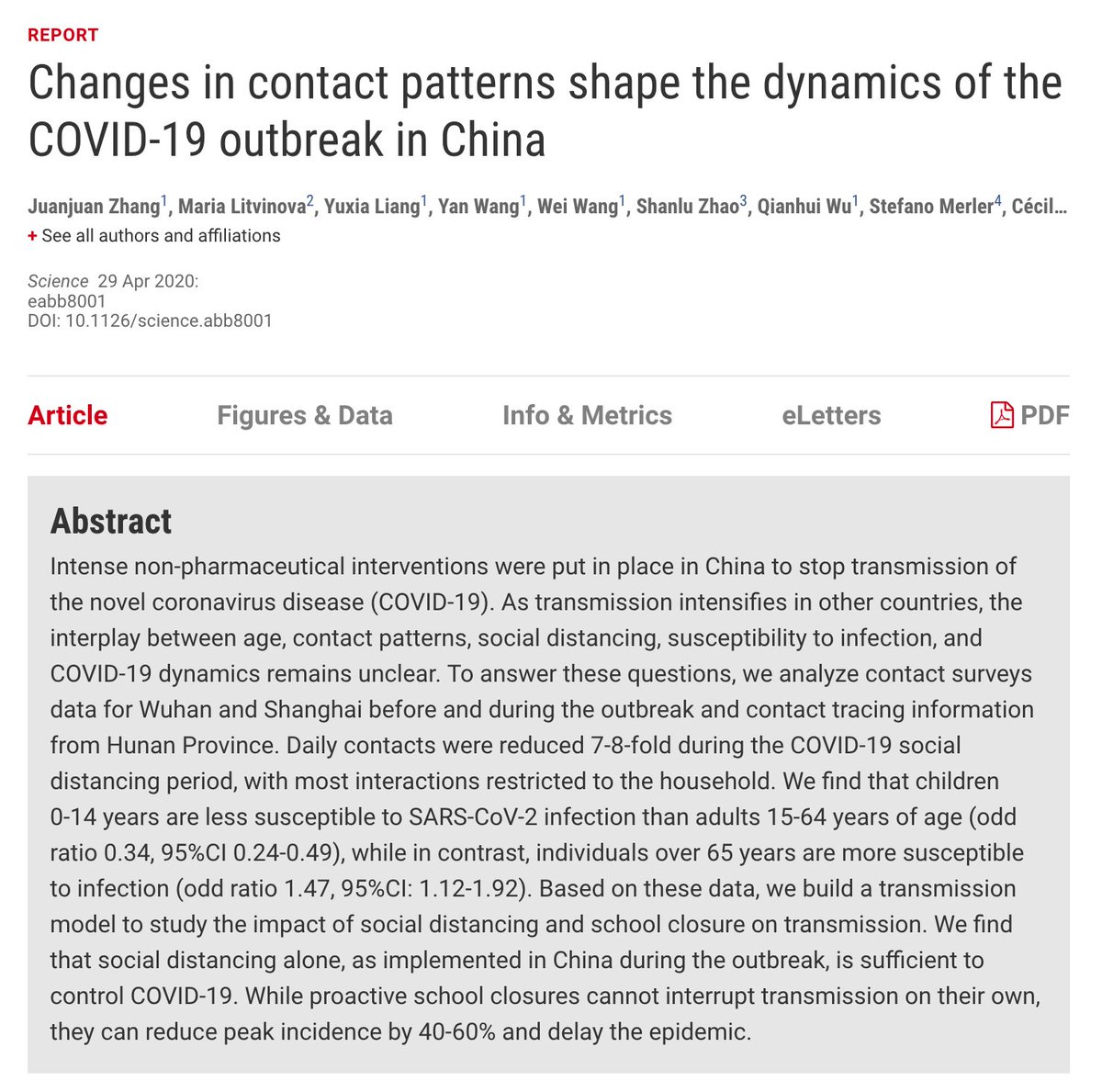 Analyse des réseaux de contact (il faut se méfier des barres d'erreurs possiblement grande de ce type d'étude a haute sexyness): les enfants seraient 3 fois moins susceptible de contracter et transmettre la maladie que les adultes. https://science.sciencemag.org/content/early/2020/04/28/science.abb8001