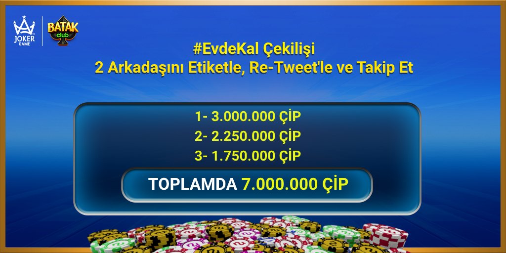 🥳BATAK CLUB'TA ÇEKİLİŞ VAKTİ! 🥳

Ödüller büyüdü, heyecan katlandı! Tam 3 kişiye, toplamda 7.000.000 çip! Çekilişe katılmak için;

1-> Batak Club Twitter sayfasını takip et,
2-> Bu Tweet'i Re-Tweet'le.
3-> Tek yorumda 2 arkadaşını etiketle.

Hepinize bol şanslar! 🍀