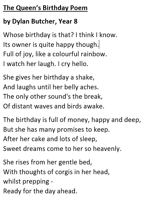 RanelaghEnglish's tweet photo. Some Year 8 students wrote a poem last week to celebrate the 94th birthday of Her Majesty, Queen Elizabeth. Here is one written by Dylan Butcher. A belated happy birthday to the Queen, from all at Ranelagh School in Berkshire. @RoyalFamily https://t.co/9eeKvJ3zi3