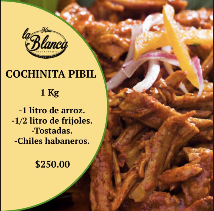 Rest_lablanca's tweet photo. ¡Realiza tu pedido de nuestra sabrosa COCHINITA PIBIL para este Sábado 2 y Domingo 3 de Mayo! 😍
*Entregamos a partir de las 2 pm. 
*Haz tu pedido al ☎️ 771 715 1896 o Vía WhatsApp al 📲7711497271.
*Contamos con servicio a domicilio y para llevar 🚘 #menudeldia #consumelocal https://t.co/UbkfkligYb