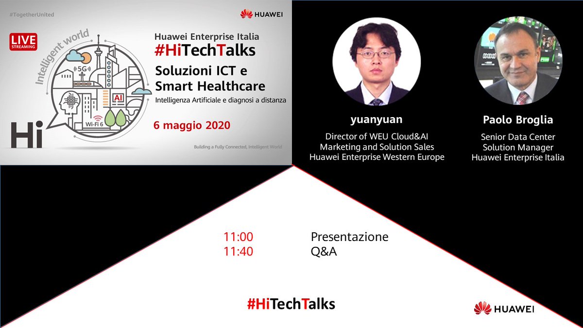 Il 6 maggio, con Paolo Broglia, presenteremo le soluzioni Huawei #SmartHealthcare e la loro applicazione al servizio di #telemedicina e diagnosi assistita da #AI. Non perdere i nostri webinar e consulta il sito dedicato: e.huawei.com/it/special_top… #HiTechTalks #TogetherUnited