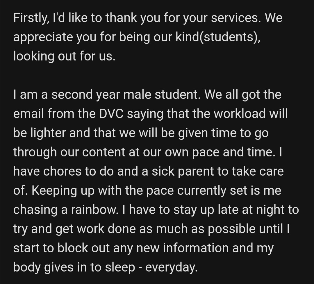 UCT_SRC's tweet photo. "I have chores to do and a sick parent to take care of. Keeping up with the [academic] pace currently set is me chasing a rainbow."
#SuspendOnlineLearning https://t.co/9o0qm8aTOF