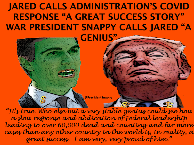 PresidentSnappy's tweet photo. #GreatSuccess #JaredKushnerisanidiot #SuccessStory #JaredKushnerForPrison #TrumpKillsAmericans https://t.co/0DDDEu9CS7