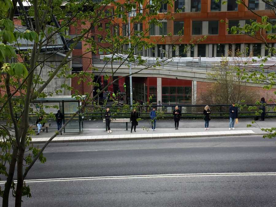 CJernberg's tweet photo. Waiting for the bus 30 April, 2020 in Stockholm, capital of everything-is-going-on-as-usual-Sweden. We have increased the distance from the normal Swedish 0.75 meter apart to 1.75 meters during the pandemic. 
https://t.co/2aq0JjQPmT https://t.co/bs4grPGtDr