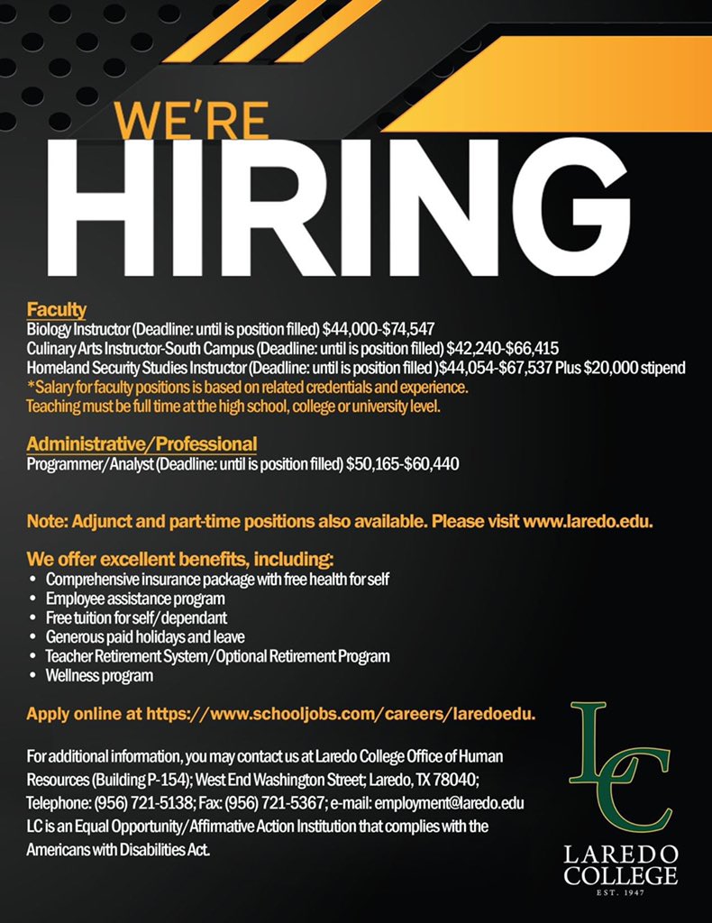laredopalominos's tweet photo. Come explore the positions available at Laredo College.
Apply online at https://t.co/LZdiXZ3XLs. https://t.co/lCnqAAHHoe