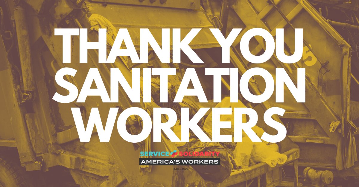 CarlOShermanTX's tweet photo. I would like to challenge everyone to take a moment to thank our sanitation employees. They work extremely hard, day in and day out, to meet the demands of our society—and not a day should go by that we don’t acknowledge their blood, sweat and tears. 

THANK YOU! 

@AFLCIO https://t.co/D3WHrP2733