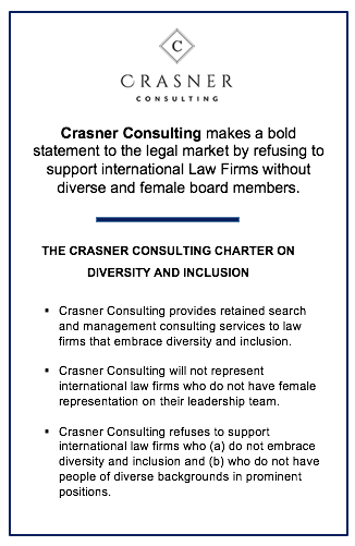 CrasnerCons's tweet photo. Crasner Consulting is a prestigious organisation that advocates for female lawyers and diversity &amp; inclusion. 

The firm makes a bold move by refusing to support, represent or endorse any law firm that does not have fair representation in its leadership team. 

#Diversity https://t.co/hnJmK7MOCB