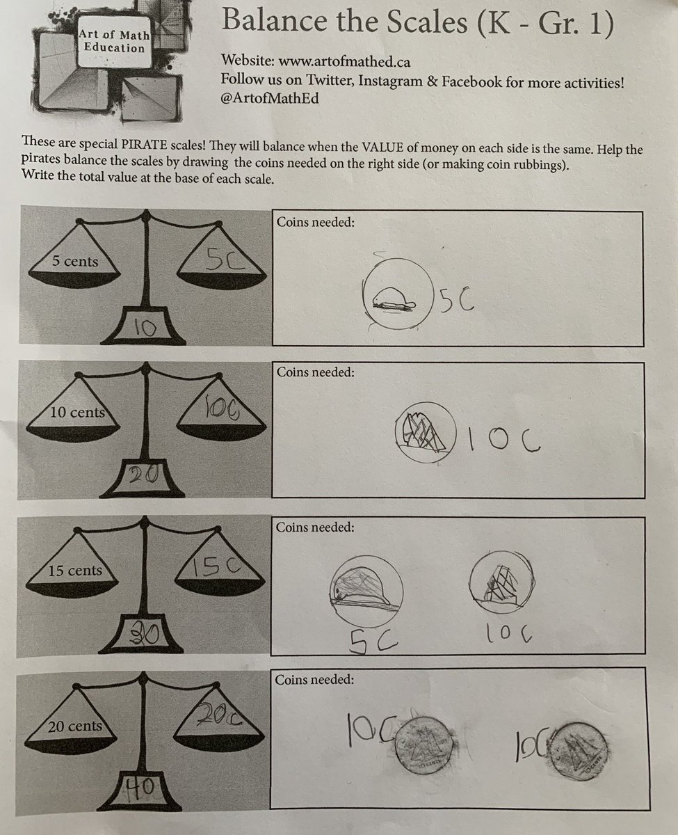 ArtOfMathEd's tweet photo. Pirate Theme Day 3 (K-Gr 1): Balance the scales! Draw coins (or use coin rubbings) to balance the scale. Write the total amount at the bottom. #art #math #ArtofMathEd #ArtofMathEdPirate https://t.co/F22vQa9HS6