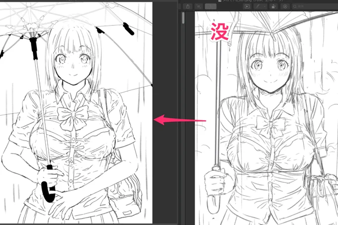 表紙の下書きを描き直し。没の前の方が可愛いかもしれないけど、手を直していたらどんどん頭身が上がってしまった。 