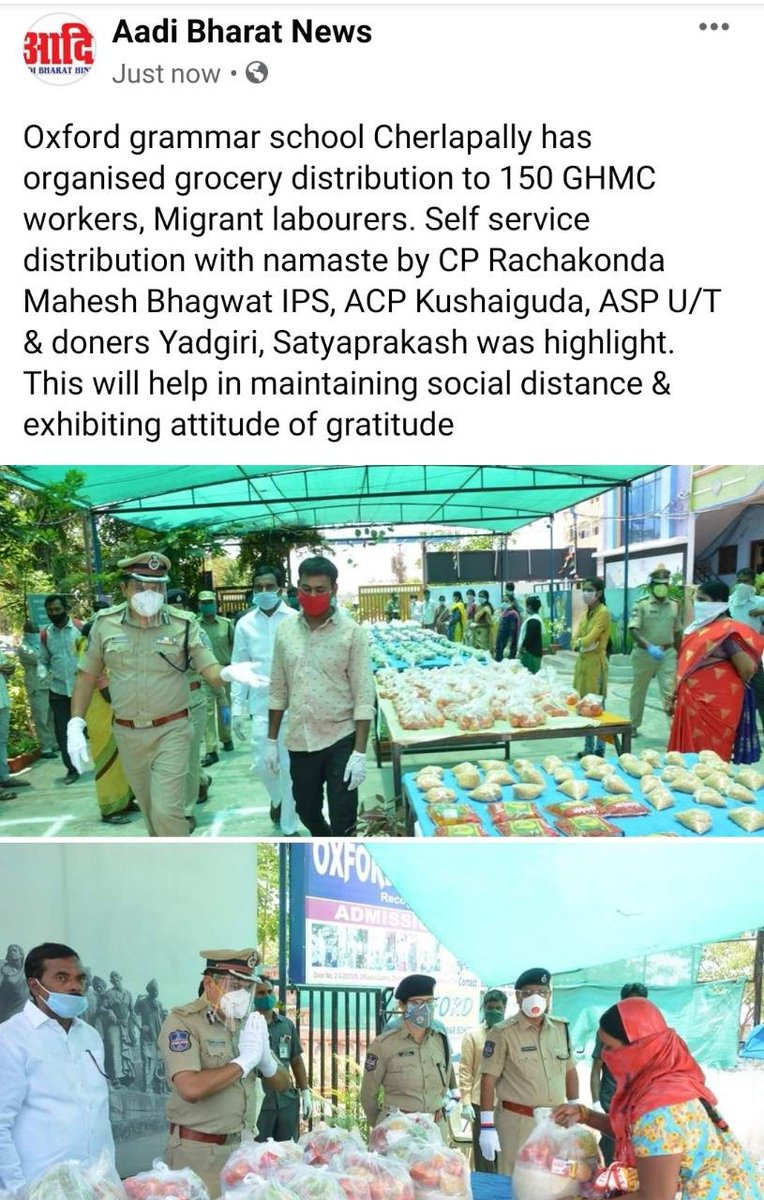 MalkajgiriCop's tweet photo. #OxfordGrammarSchool Cherlapally organized grocery distribution to150 #GHMCworkers & #Migrants. #Selfservice_distribution with namaste by #CP_Rachakonda,
@AcpKushaiguda, ASP U/T & donors Yadgiri, Satyaprakash. it helps to maintain #SocialDistance & exhibits attitude of gratitude https://t.co/jjARilZ3xO