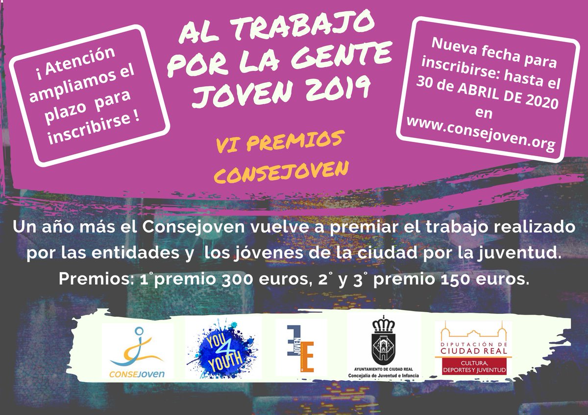 ‼️ Os recordamos qué hoy es la última día para inscribirse‼️

🏆🏆🏆VI Premios Consejoven “AL TRABAJO POR LA GENTE JOVEN 2019”🏆🏆🏆

💻Plazo para inscribirse: hasta el 30 ABRIL DE 2020. En consejoven.org

🏆Premios: 1º premio 🥇: 300 euros, 2º 🥈 y 3º 🥉premio 150 euros