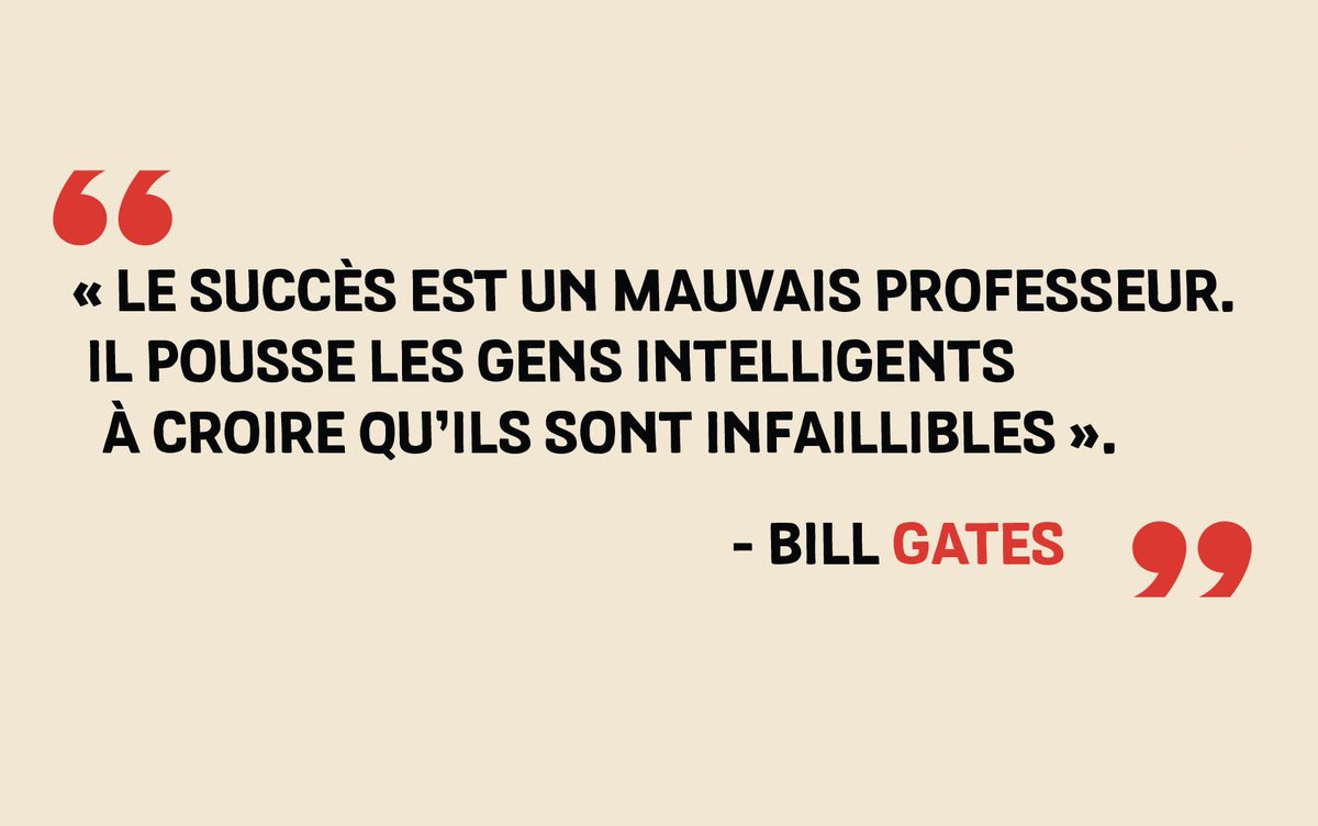 "Le succès est un mauvais professeur.
Il pousse les gens intelligents à croire qu'ils sont infaillibles" - BILL GATES
#classement #fusacq #decideurs #opération #pme #fortenotoriete #BillGates