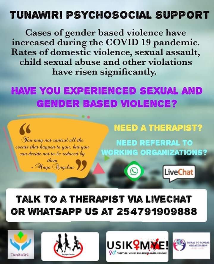  @usikimye We are offering free therapy & referral to service providers via WhatsApp and LiveChat 4 SGBV survivors. Kindly share  You can schedule your appointments at  http://direct.lc.chat/11810169/&nbsp; or WhatsApp at  http://wa.me/254791909888&nbsp; & get confidential sessions with our therapists