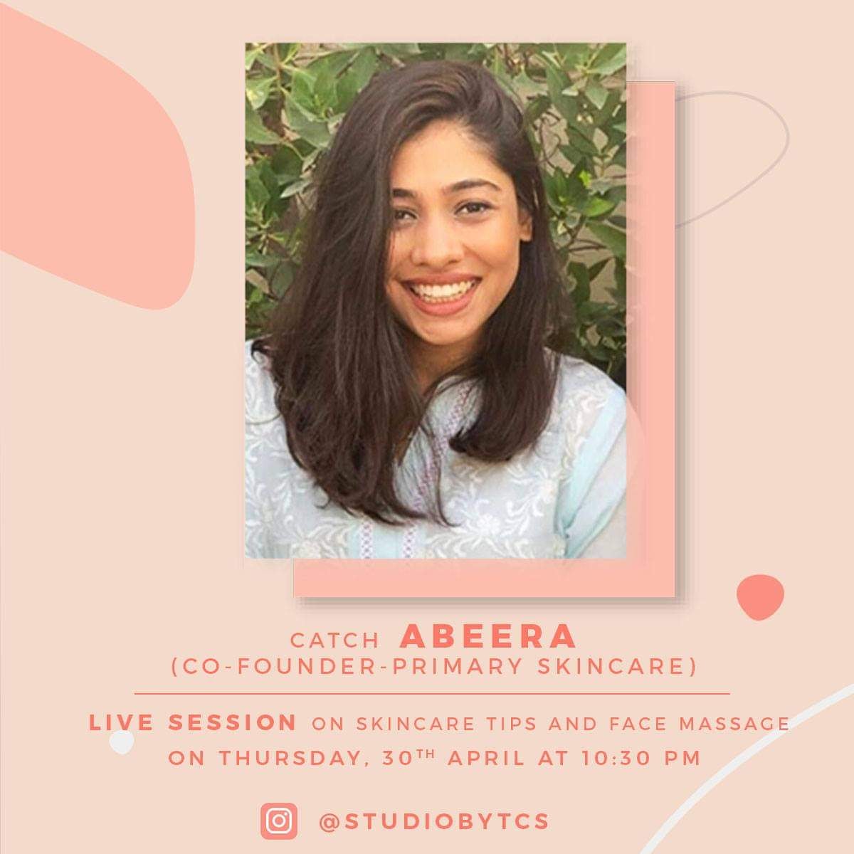 studiobytcs's tweet photo. Catch Live session with Abeera (co-founder @primary.skin) at 10:30 pm tonight.
She'll be sharing tips on skincare routine and face massage.
#skincare #skincareroutine #organiccare #beauty #beautybloggers #skincareproducts #facemask #facemassage #studiobytcs https://t.co/fFNBbn3zEa