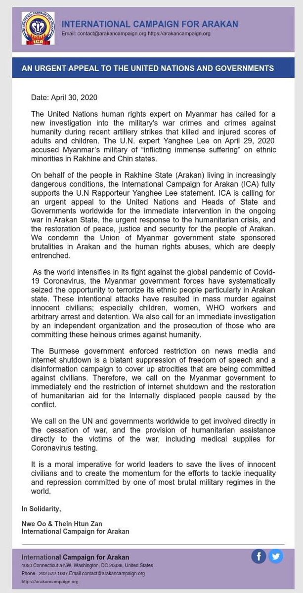 AN URGENT APPEAL TO THE UNITED NATIONS AND GOVERNMENTS arakancampaign.org <a href="/YangheeLeeSKKU/">Yanghee Lee</a> <a href="/UNGeneva/">United Nations Geneva</a> <a href="/unicefchief/">Catherine Russell</a> <a href="/amnesty/">Amnesty International</a> <a href="/hrw/">Human Rights Watch</a> <a href="/Lauraehaigh/">Laura Haigh</a> <a href="/UN_News_Centre/">UN News</a> <a href="/UN_Spokesperson/">UN Spokesperson</a> <a href="/OCHAAsiaPac/">UN OCHA Asia Pacific</a> <a href="/arbitrary_deten/">Arbitrary Detention</a> <a href="/UNICEF_EAPRO/">UNICEF East Asia Pacific</a> <a href="/cnnbrk/">CNN Breaking News</a> <a href="/washingtonpost/">The Washington Post</a> <a href="/UNPeacebuilding/">United Nations Peacebuilding and Peace Support</a>